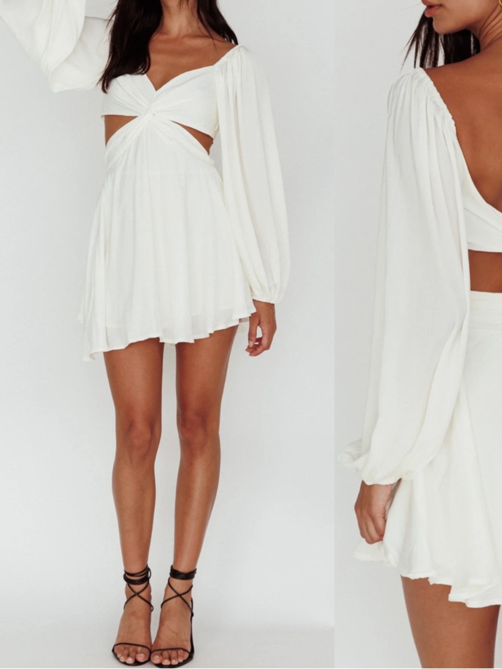 Selfie Leslie White Miraya Twist-Front Cutout Balloon Sleeve Flowy Boho Dress